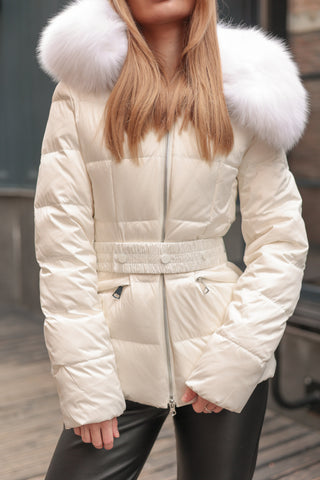 Astrid Genuine Fur Trim Down Coat in White