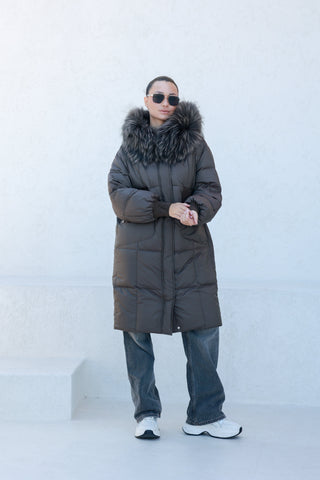 Lauren Genuine Fur Trim Down Fill Coat in Tobacco