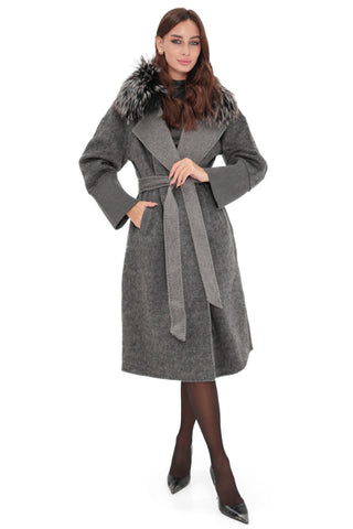 Boston Genuine Silver Fox Cashmere Blend Double-Face Coat in Grey Melange