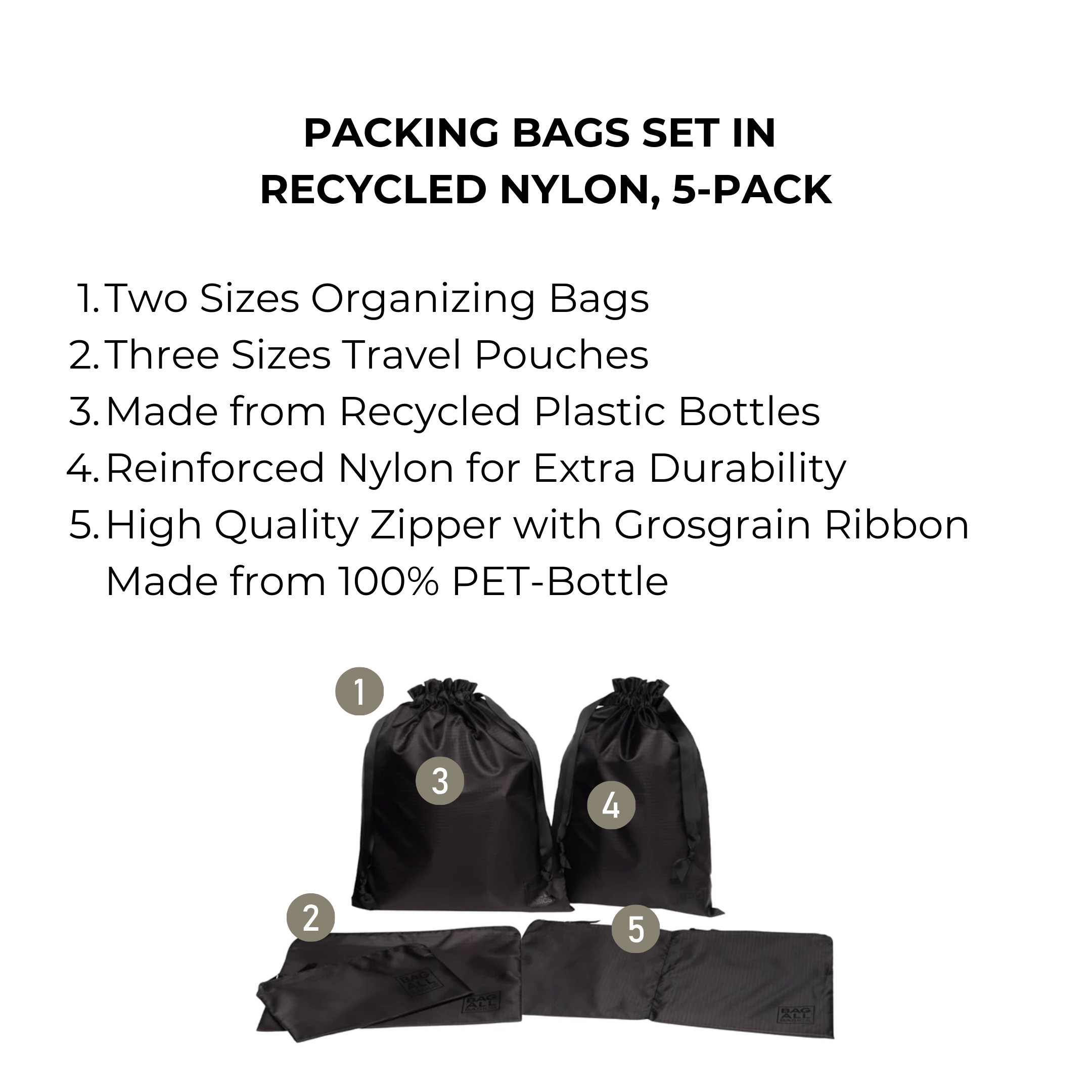 Packing Bags Set – Recycled Nylon – 5-pack – Black - Glamourous Grace