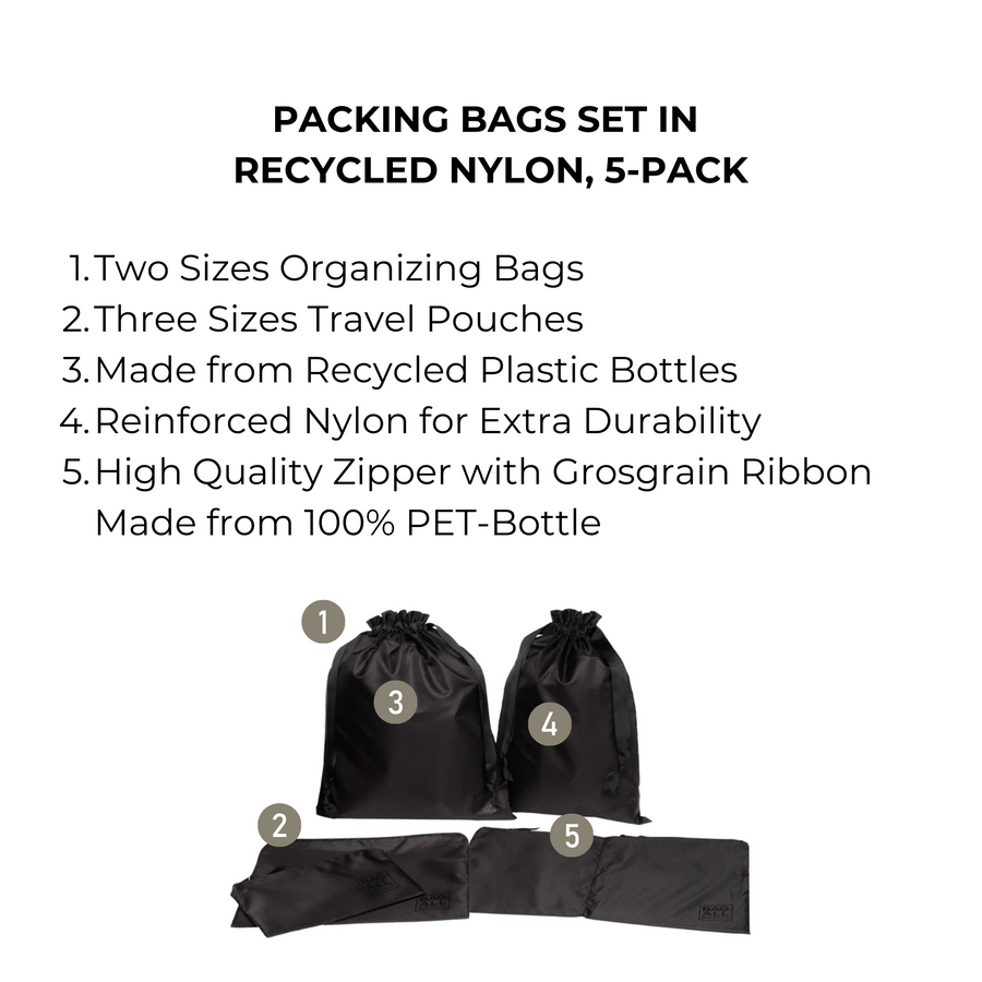 Packing Bags Set – Recycled Nylon – 5-pack – Black - Glamourous Grace