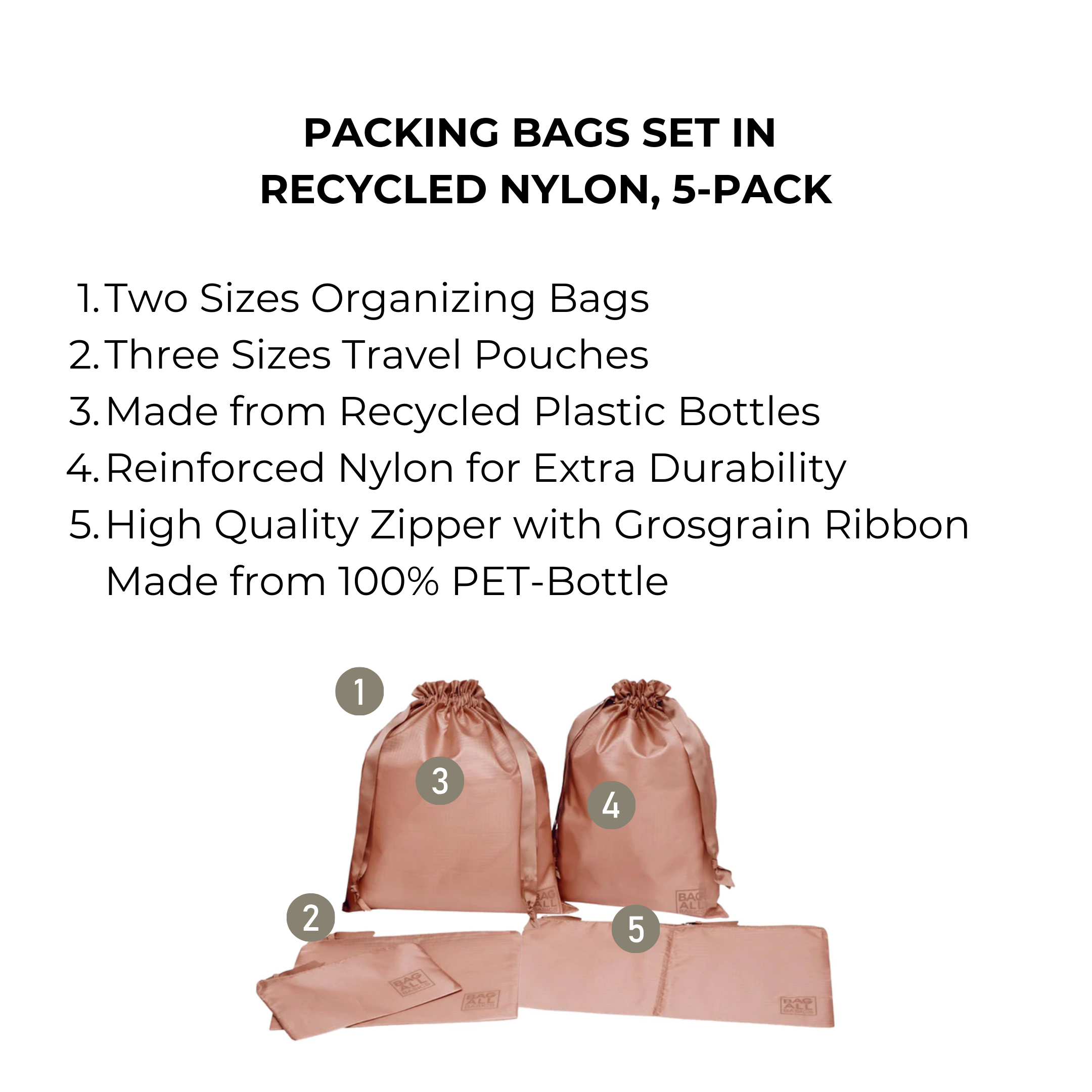 Packing Bags Set – Recycled Nylon – 5-pack – Pink/Blush - Glamourous Grace