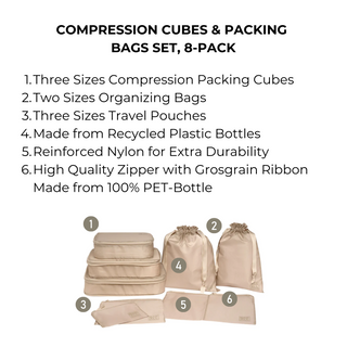 Compression Packing Cubes & Packing Bags – Recycled Nylon – 8-pack – Taupe - Glamourous Grace