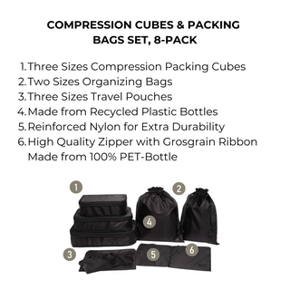 Compression Packing Cubes & Packing Bags – Recycled Nylon – 8-pack – Black - Glamourous Grace