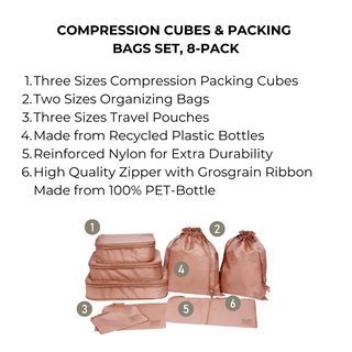 Compression Packing Cubes & Packing Bags – Recycled Nylon – 8-pack – Pink/Blush - Glamourous Grace