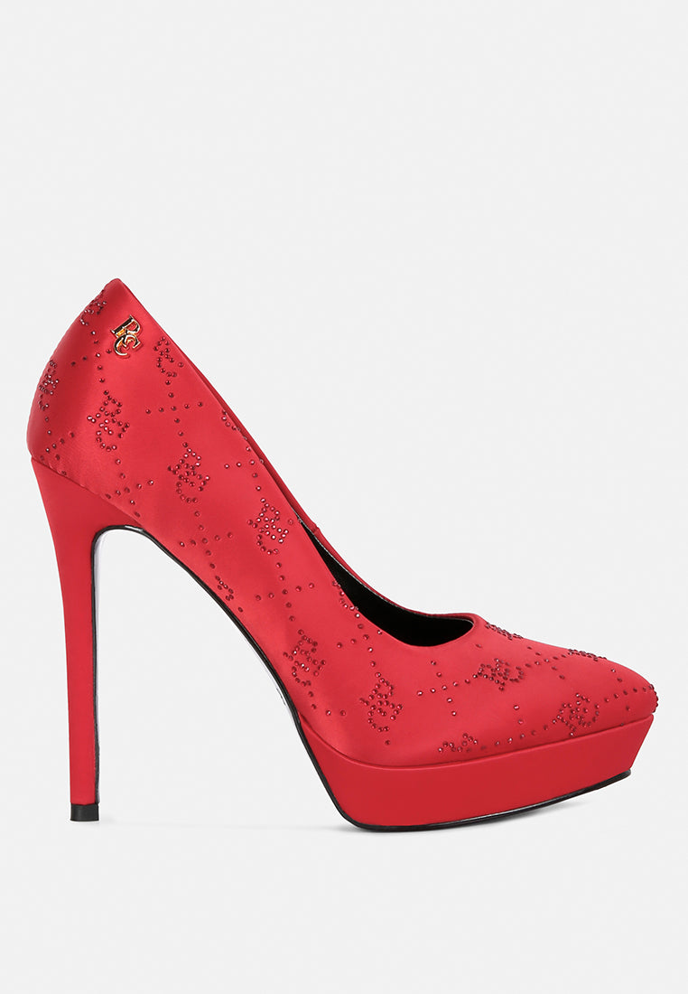 Ballard Monogram Satin Stiletto Pumps - Glamourous Grace