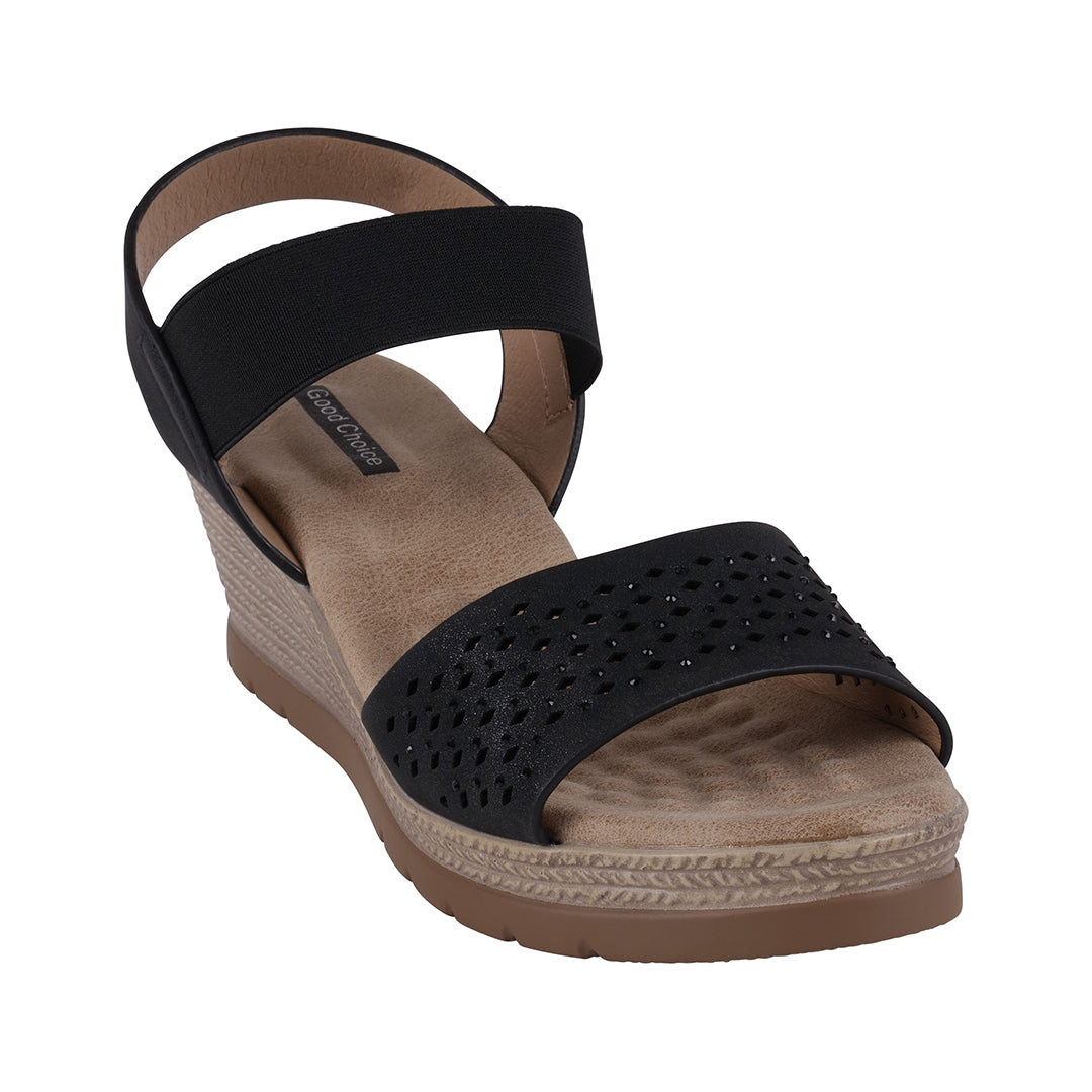 Bane Black Embellished Elastic Double Band Wedge Sandals - Glamourous Grace