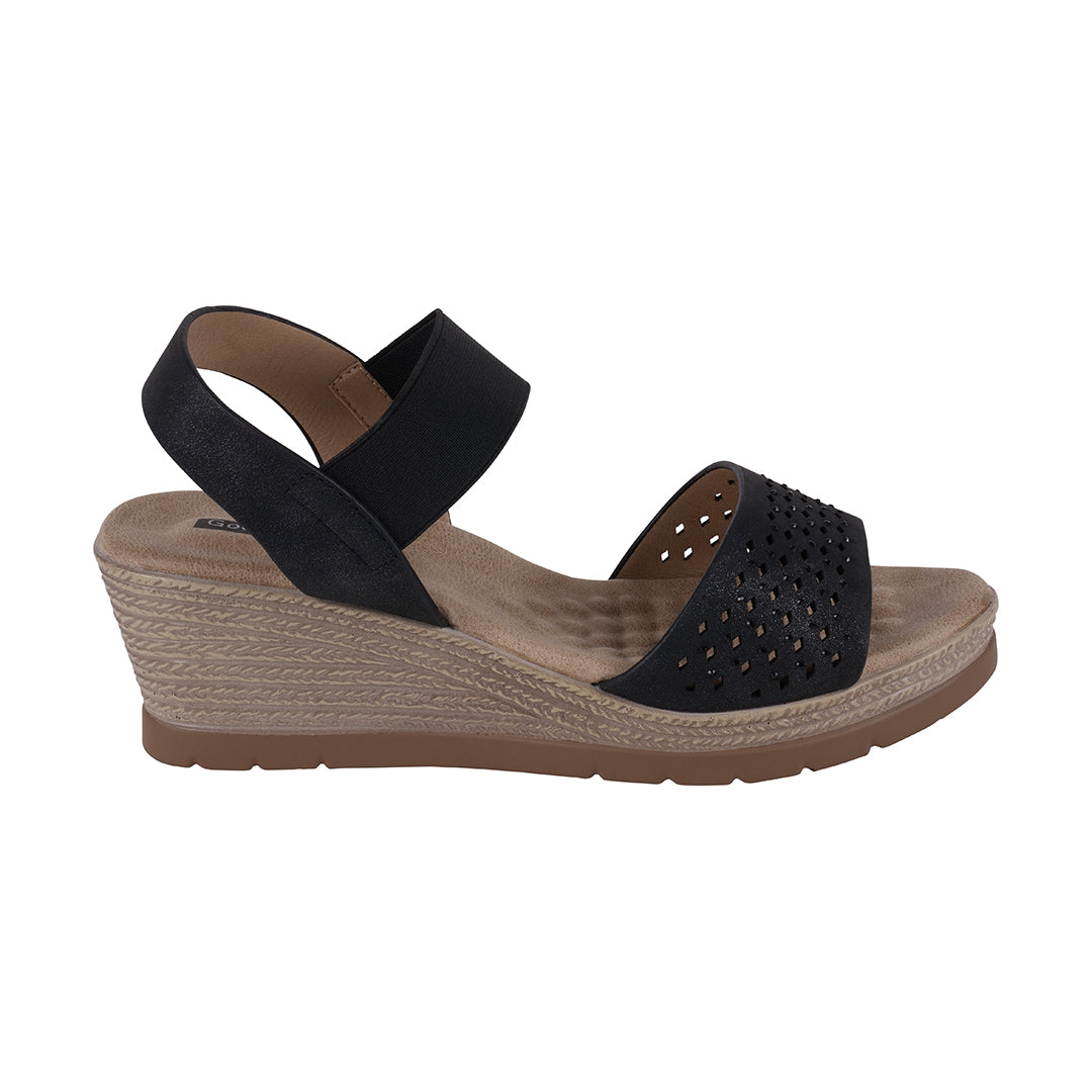 Bane Black Embellished Elastic Double Band Wedge Sandals - Glamourous Grace