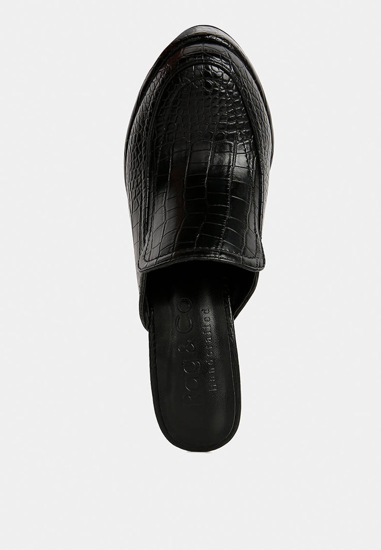Bauhaus Croc Pattern Heeled Platform Mules