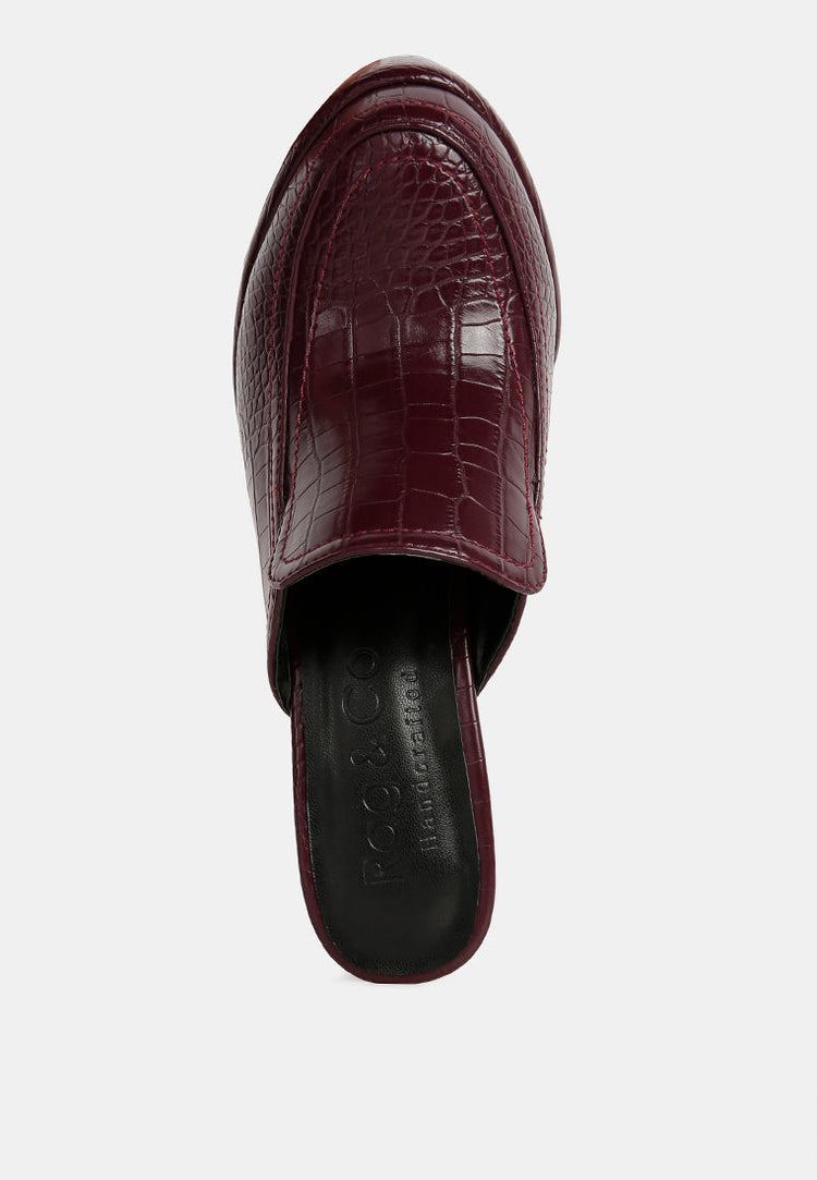Bauhaus Croc Pattern Heeled Platform Mules