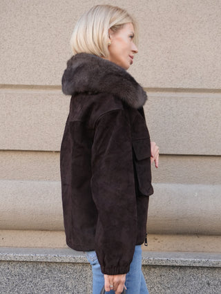Nebraska Genuine Suede Polar Fox Trim Jacket in Cognac