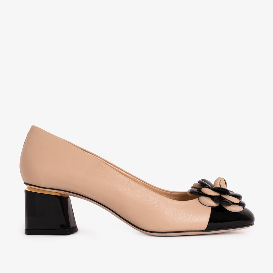 The Diva Beige Leather Cap Toe Block Heel Pump Women Shoe - Glamourous Grace