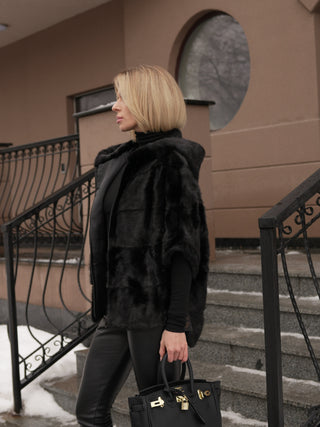 Genuine Scandinavian Mink Fur Poncho with Fully Lined Mink Hood