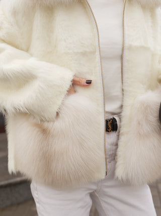 Elysian Genuine Polar Fox Trim Shearling Jacket