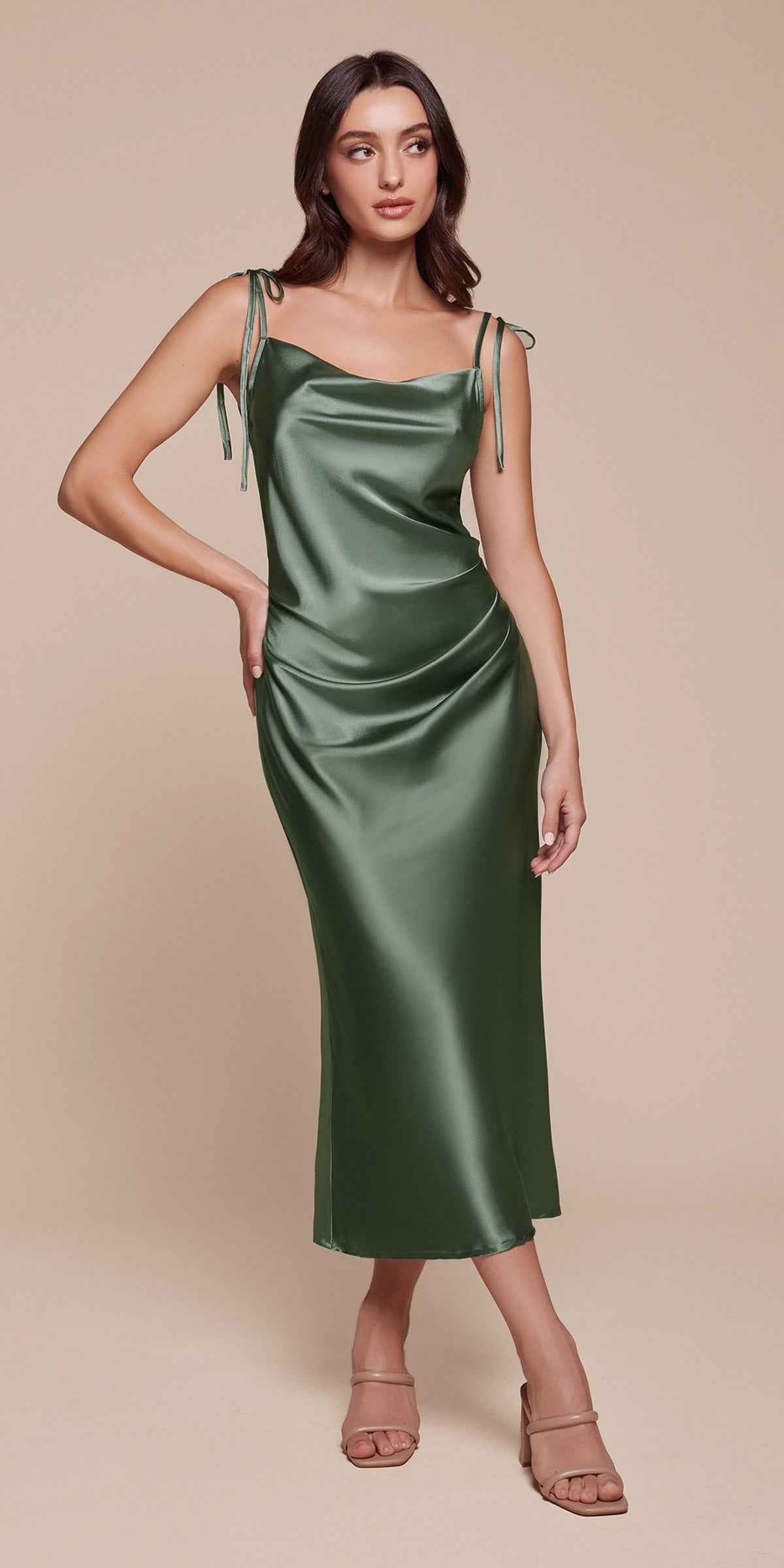 Cinderella Divine BD103 Satin Midi Length Dress High Side Split Cowl Neck - Glamourous Grace