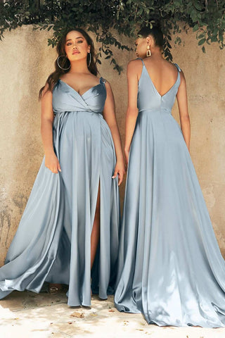 Cinderella Divine BD105 Flowy Satin A-Line Gown with Leg Slit