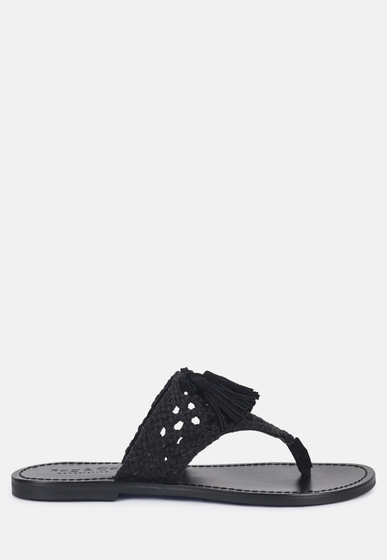 Beech Handwoven Natural Suede Tassel Thong Flats - Glamourous Grace