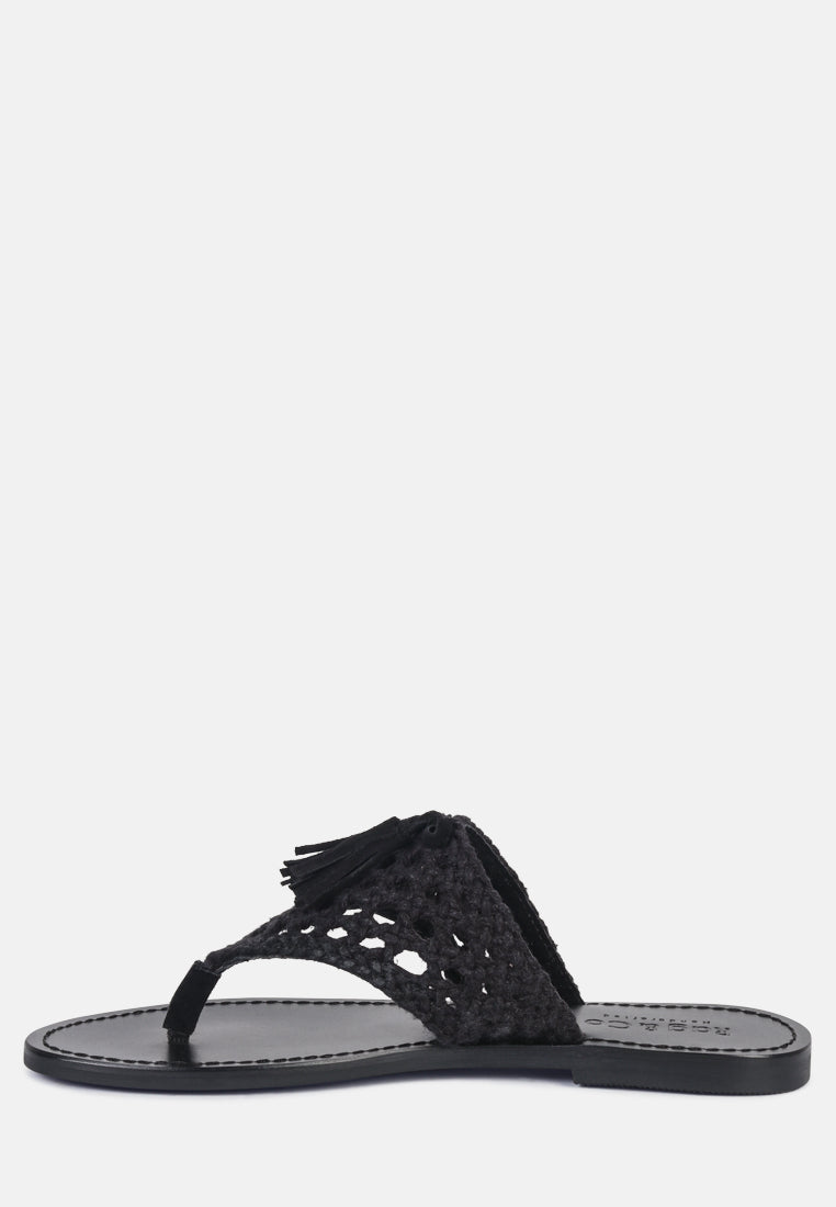 Beech Handwoven Natural Suede Tassel Thong Flats - Glamourous Grace