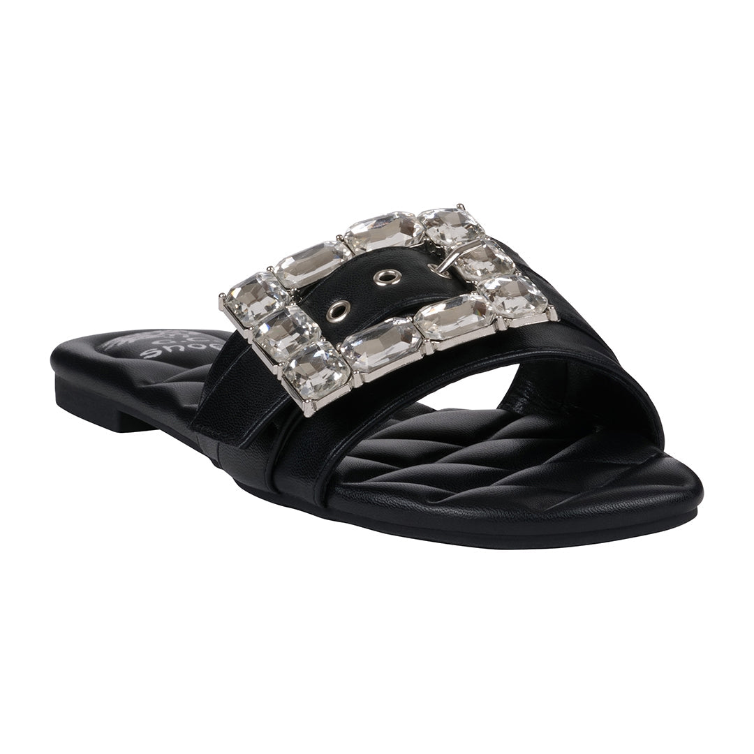 Women's Bianca Black Rhinestone Buckle Flat Sandals - Glamourous Grace
