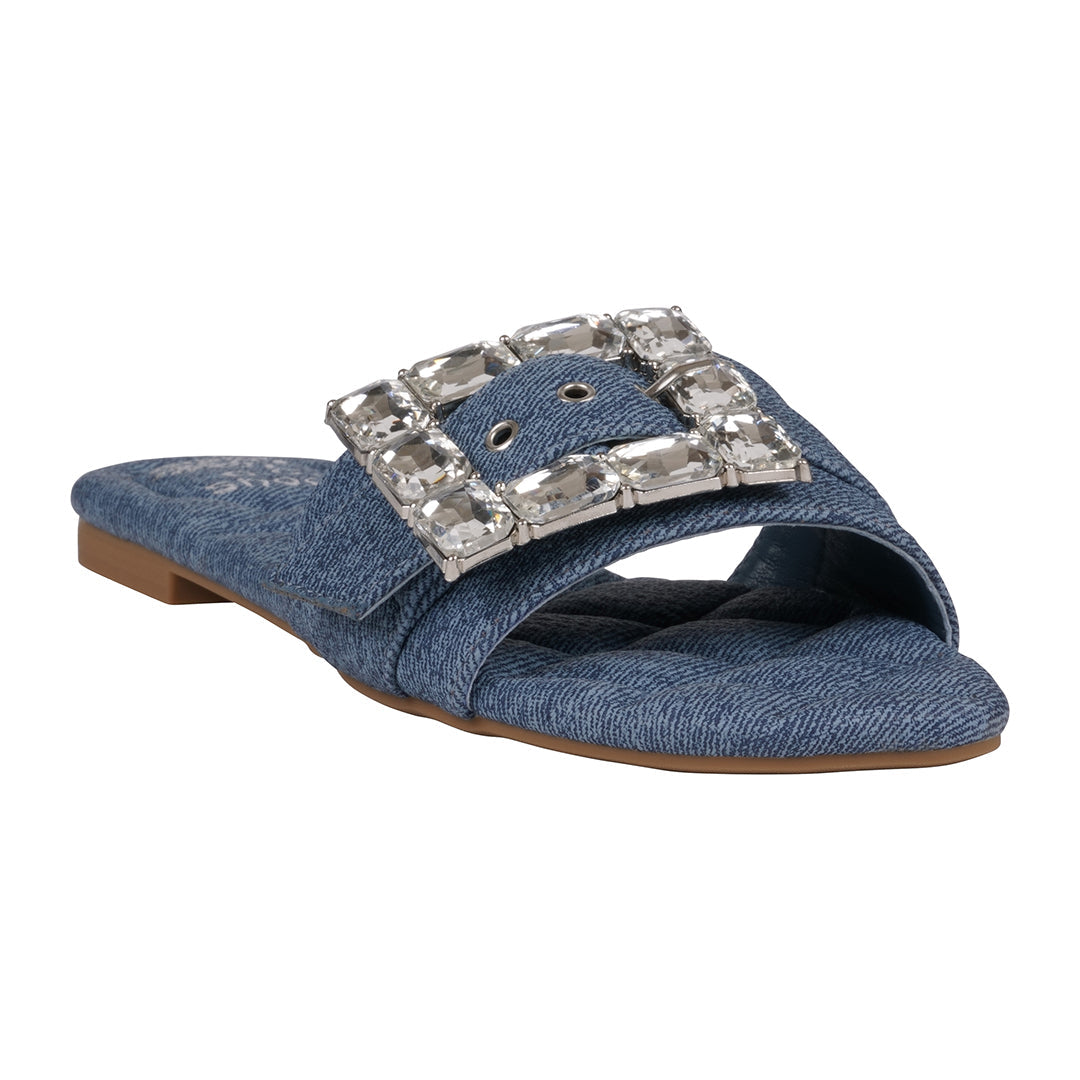 Women's Bianca Denim Rhinestone Buckle Flat Sandals - Glamourous Grace