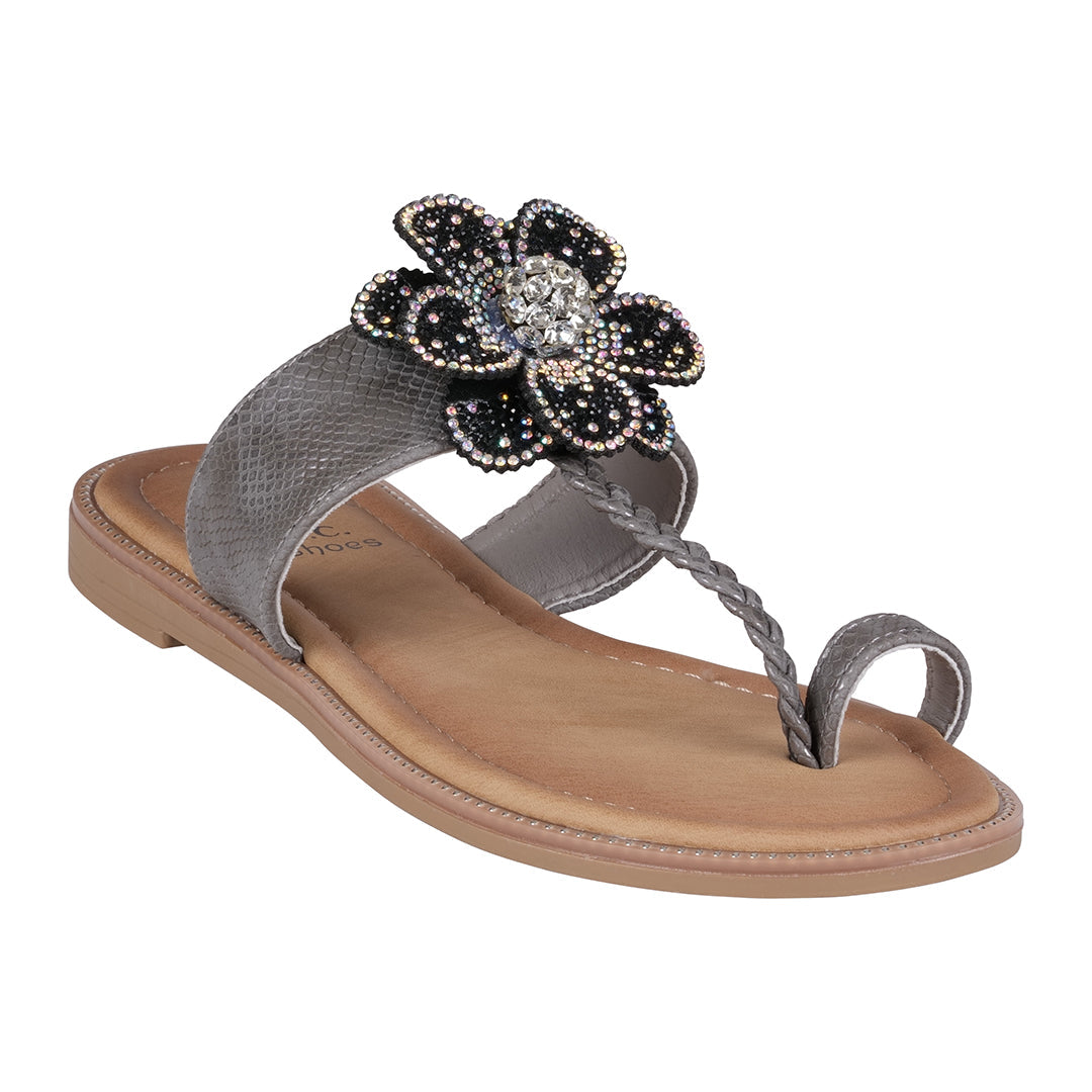 Women's Blossom Black Embellished Flower Toe Ring Flat Sandals - Glamourous Grace