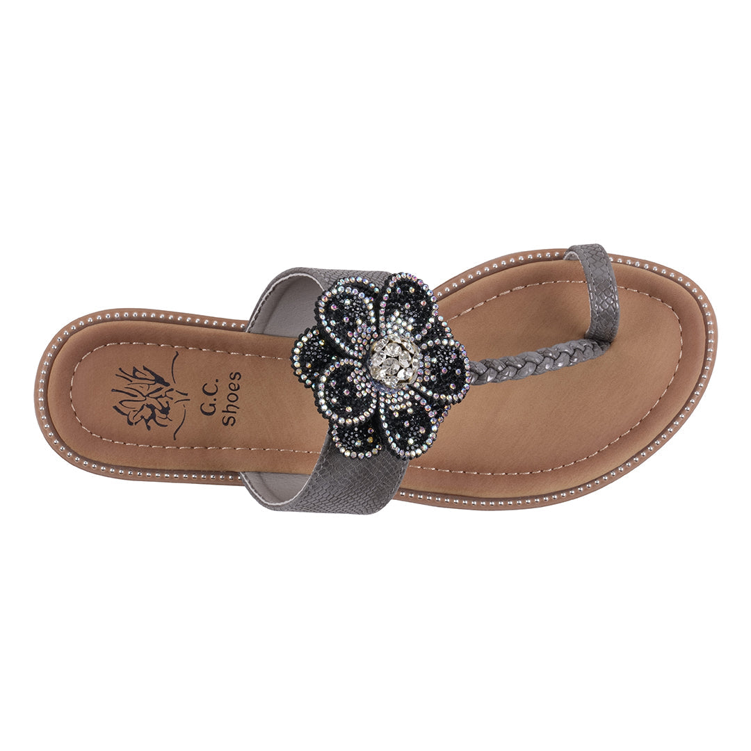 Women's Blossom Black Embellished Flower Toe Ring Flat Sandals - Glamourous Grace
