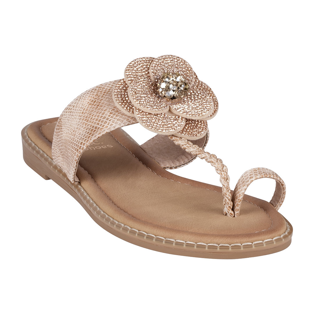 Women's Blossom Rose Gold Embellished Flower Toe Ring Flat Sandals - Glamourous Grace