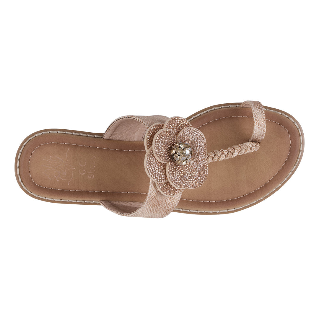 Women's Blossom Rose Gold Embellished Flower Toe Ring Flat Sandals - Glamourous Grace