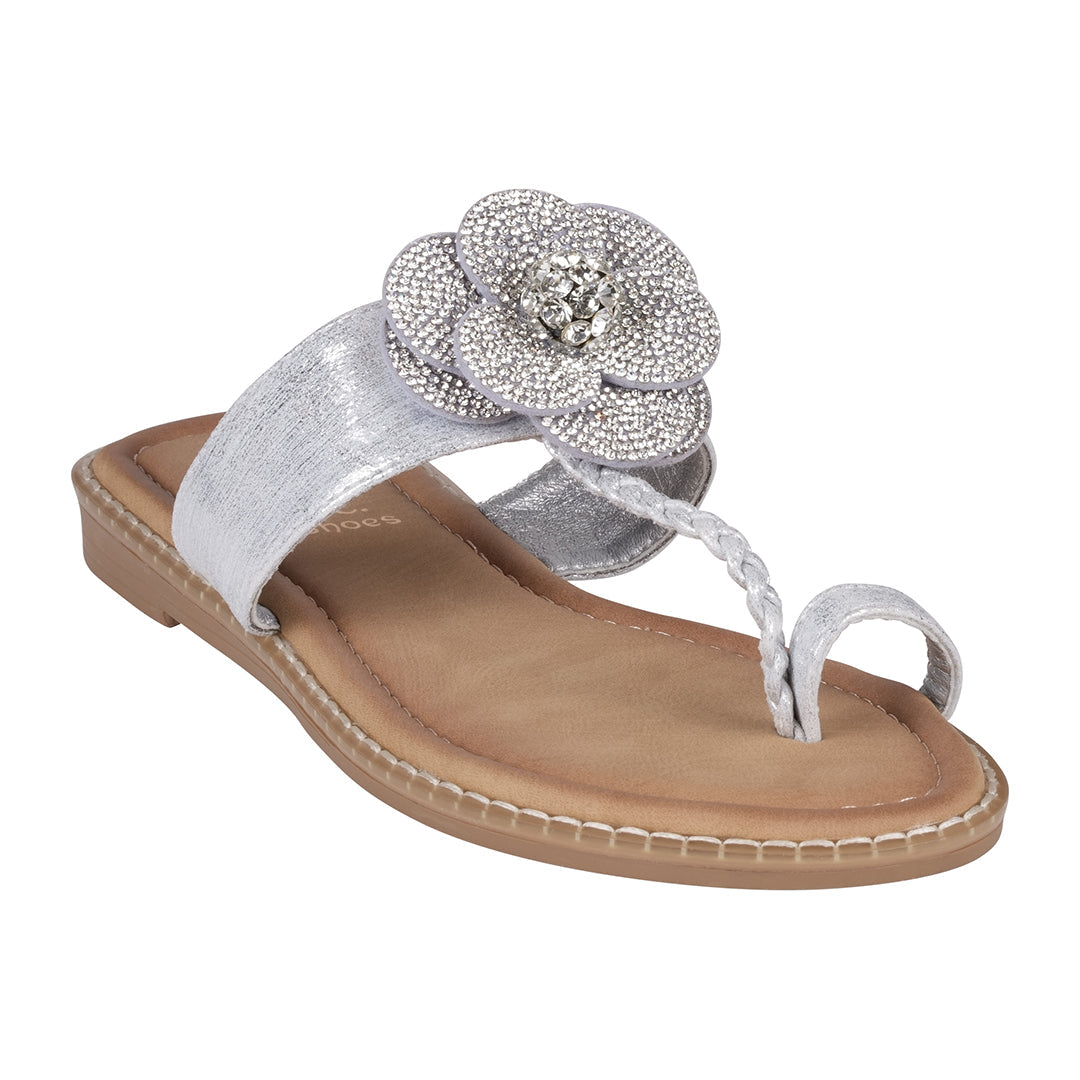 Women's Blossom Silver Embellished Flower Toe Ring Flat Sandals - Glamourous Grace
