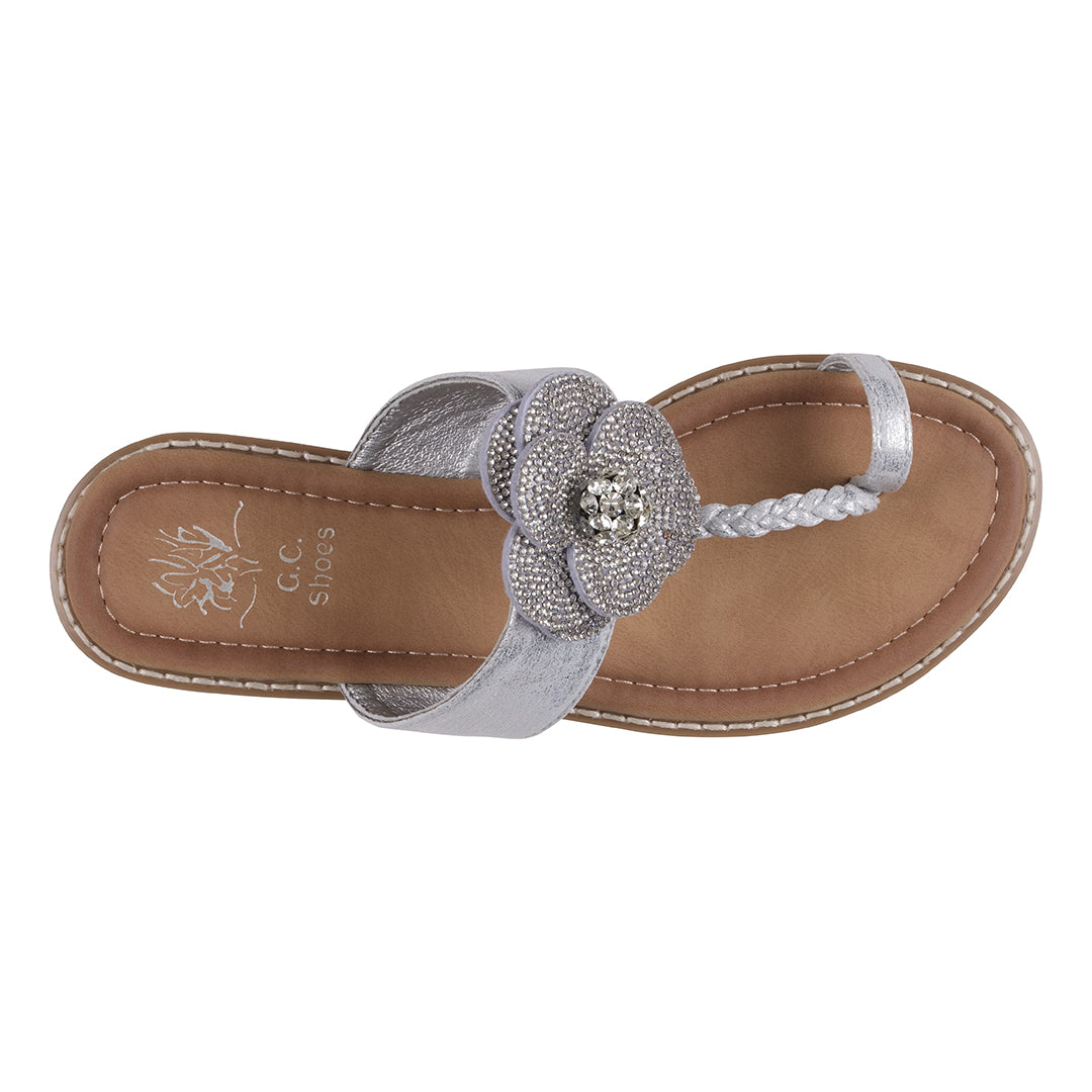 Women's Blossom Silver Embellished Flower Toe Ring Flat Sandals - Glamourous Grace