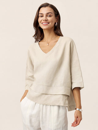 LINTICO 100% linen drop shoulder layered hem top in natural melange, casual and stylish linen shirt for women.