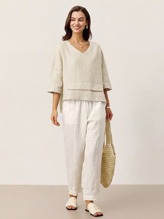 LINTICO 100% linen drop shoulder layered hem overtop in natural melange, casual and stylish linen shirt for women.