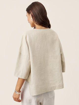 Natural linen drop shoulder layered top with asymmetric hem, in a natural melange color by LINTICO.