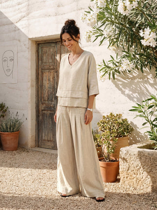 100% Linen Sculpted Pleat Elasticated Back Relaxed Pants VERIDIANA - Glamourous Grace