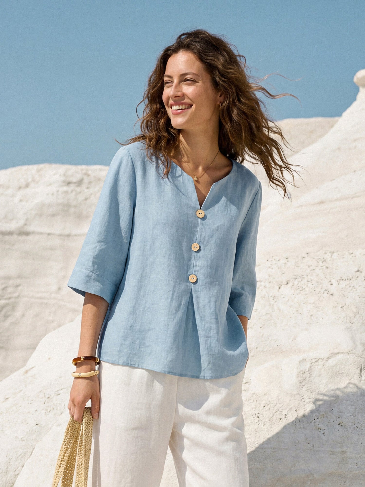100% Linen Split Neck Inverted Pleat Top TABITHA - Glamourous Grace