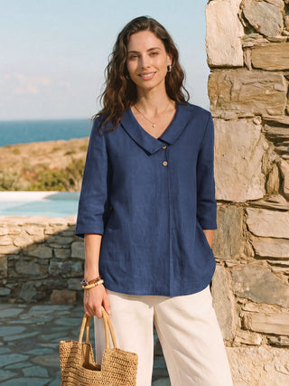 Navy blue linen long top with asymmetric collar and inverted pleat detail, designed by LINTICO for a stylish, relaxed look.