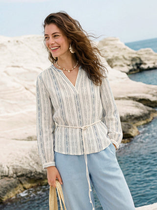 Linen Tribal Stripe Split Neck Bohemian Blouse KERENZA - Glamourous Grace