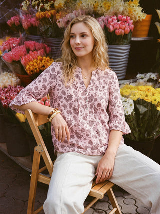 Linen Paisley Pintucked Ruffle-Cuff Curved Hem Blouse ILARIA - Glamourous Grace