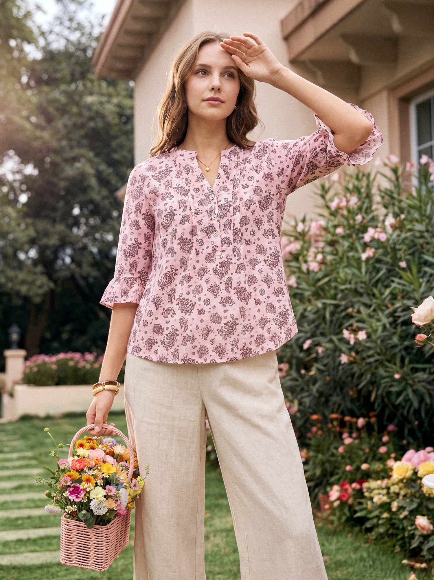 Linen Paisley Pintucked Ruffle-Cuff Curved Hem Blouse ILARIA - Glamourous Grace