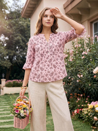 Linen Paisley Pintucked Ruffle-Cuff Curved Hem Blouse ILARIA - Glamourous Grace