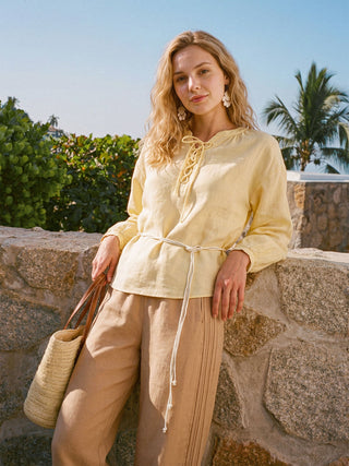 100% Linen Lace-Up Shirred Lantern Sleeve Blouse DOROTHEA - Glamourous Grace