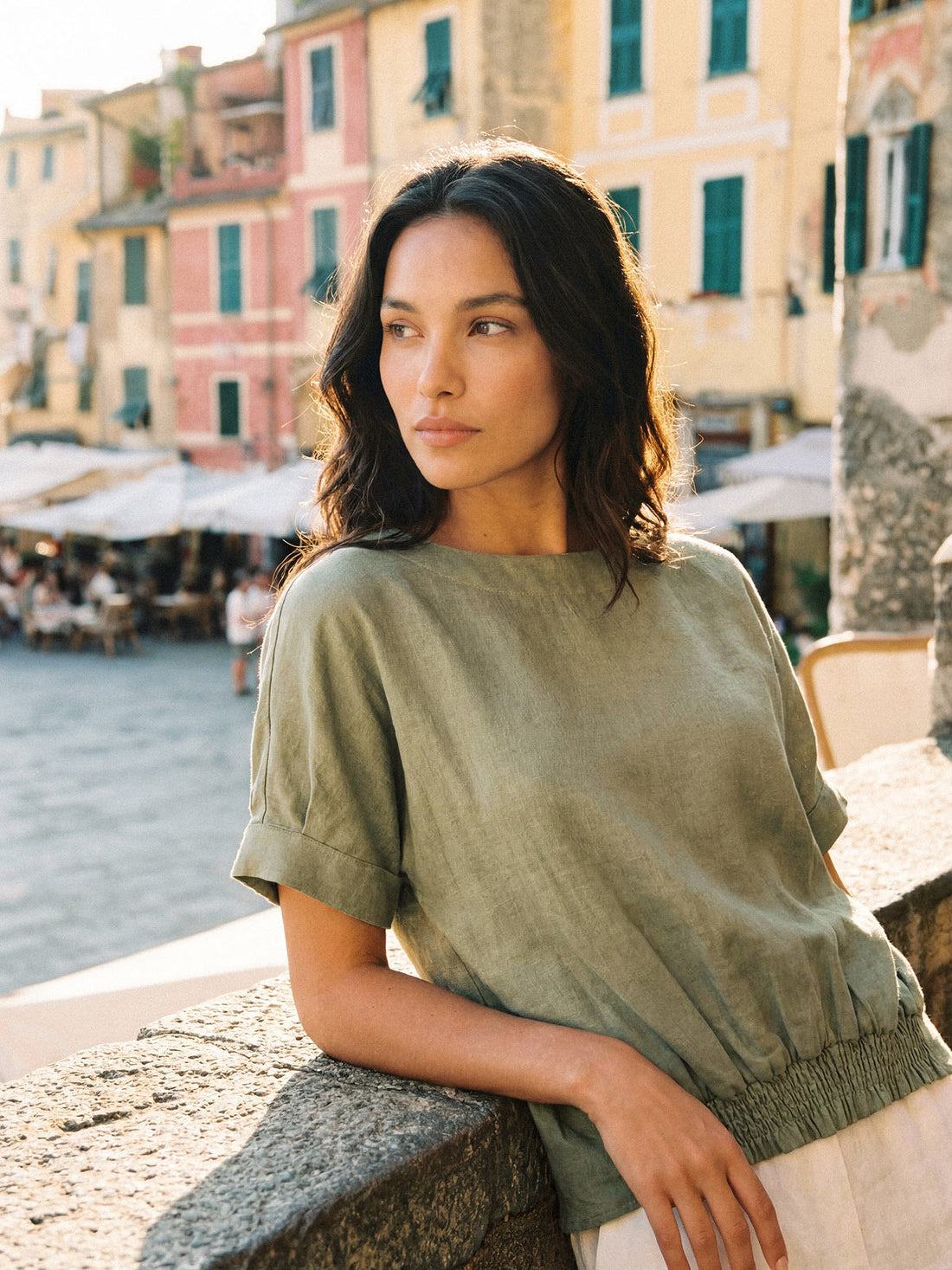 100% Linen Drop Shoulder Split-Back Double Shirred Hem Top LINDSEY - Glamourous Grace