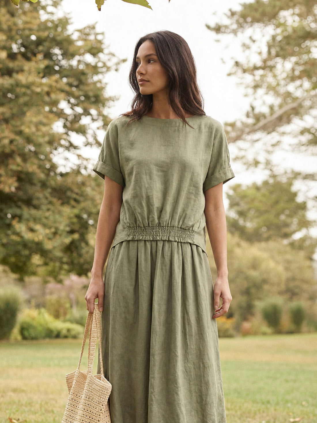 100% Linen Drop Shoulder Split-Back Double Shirred Hem Top LINDSEY - Glamourous Grace