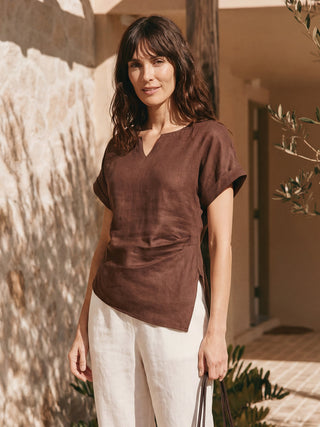 Espresso brown linen asymmetric hem blouse with side gathers and split neck from LINTICO's Minerva collection.