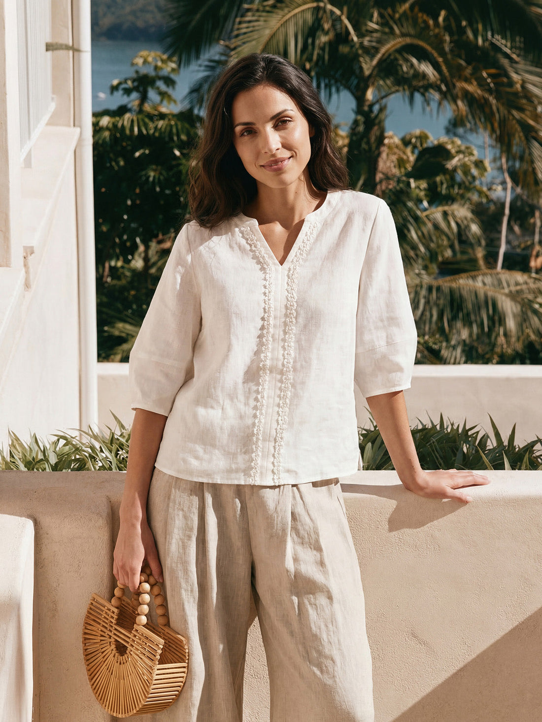 100% Linen Lace Trim Lantern Sleeve V-Neck Top LIVIAN - Glamourous Grace