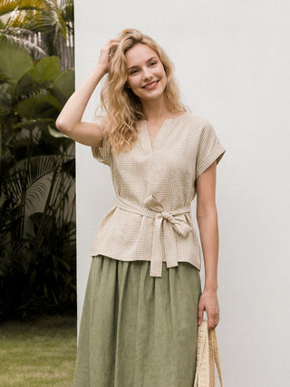 100% Linen Plaid Detachable Tie-Belt Split-Neck Top LEXIE - Glamourous Grace
