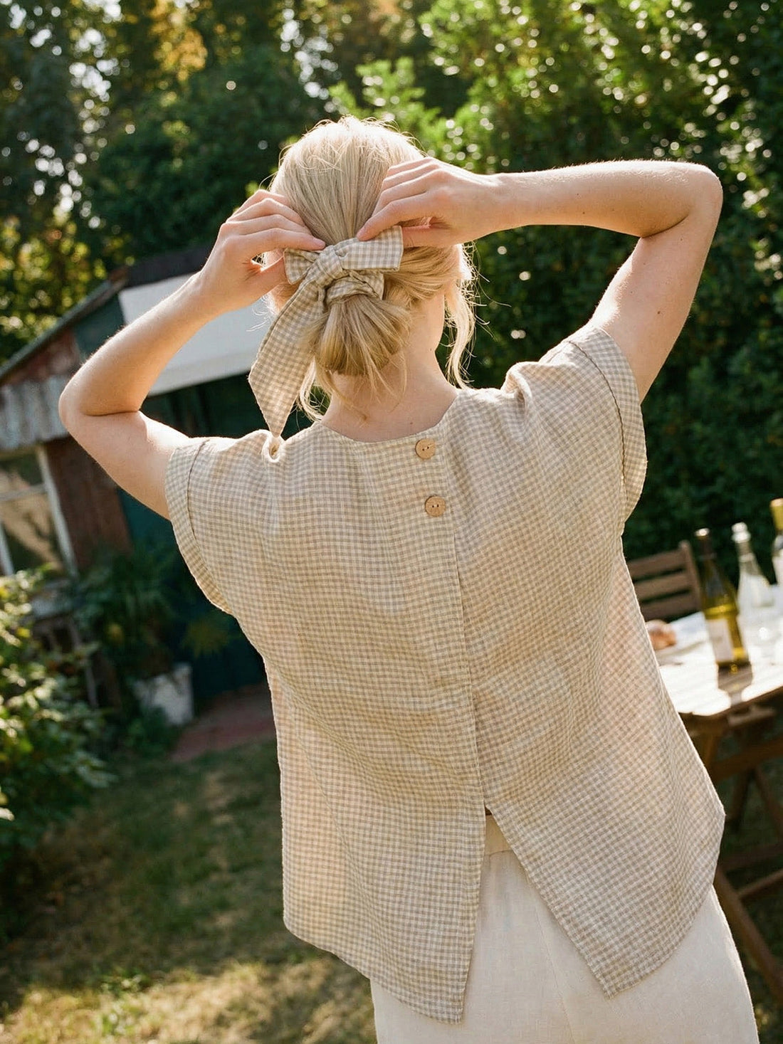 100% Linen Plaid Detachable Tie-Belt Split-Neck Top LEXIE - Glamourous Grace