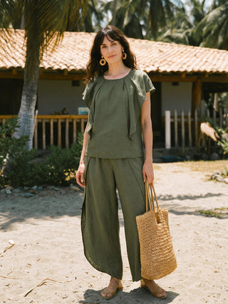 100% Linen Flutter Sleeve Sculpted Pleat Top DRUSILLA - Glamourous Grace