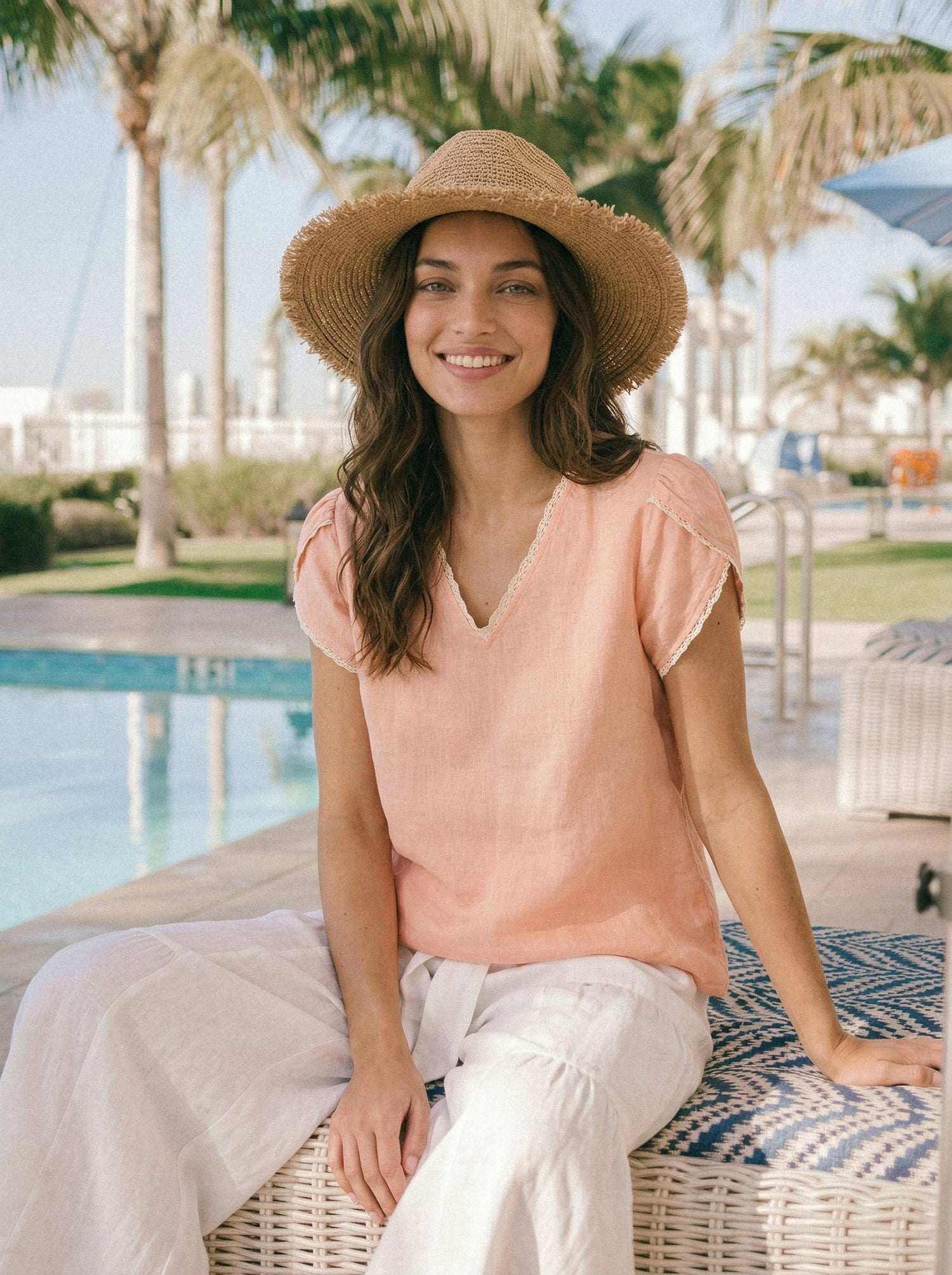 100% Linen Lace-Trim Puff-Sleeve Top NIA - Glamourous Grace