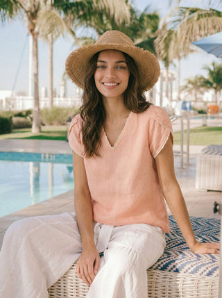 100% Linen Lace-Trim Puff-Sleeve Top NIA - Glamourous Grace